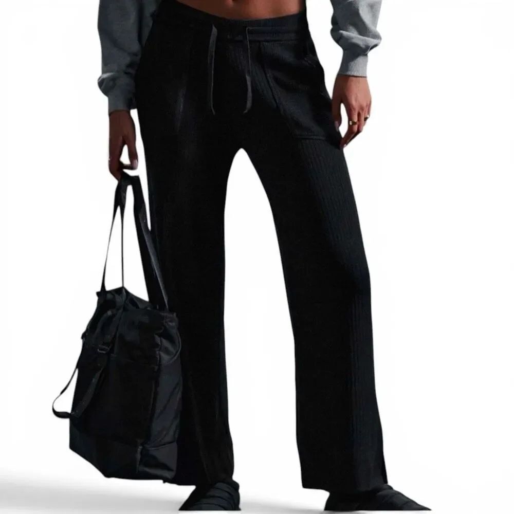 GymShark Pause Knitwear Drawstring Black Gray Onyx Wide Leg Split Hem Pants - US